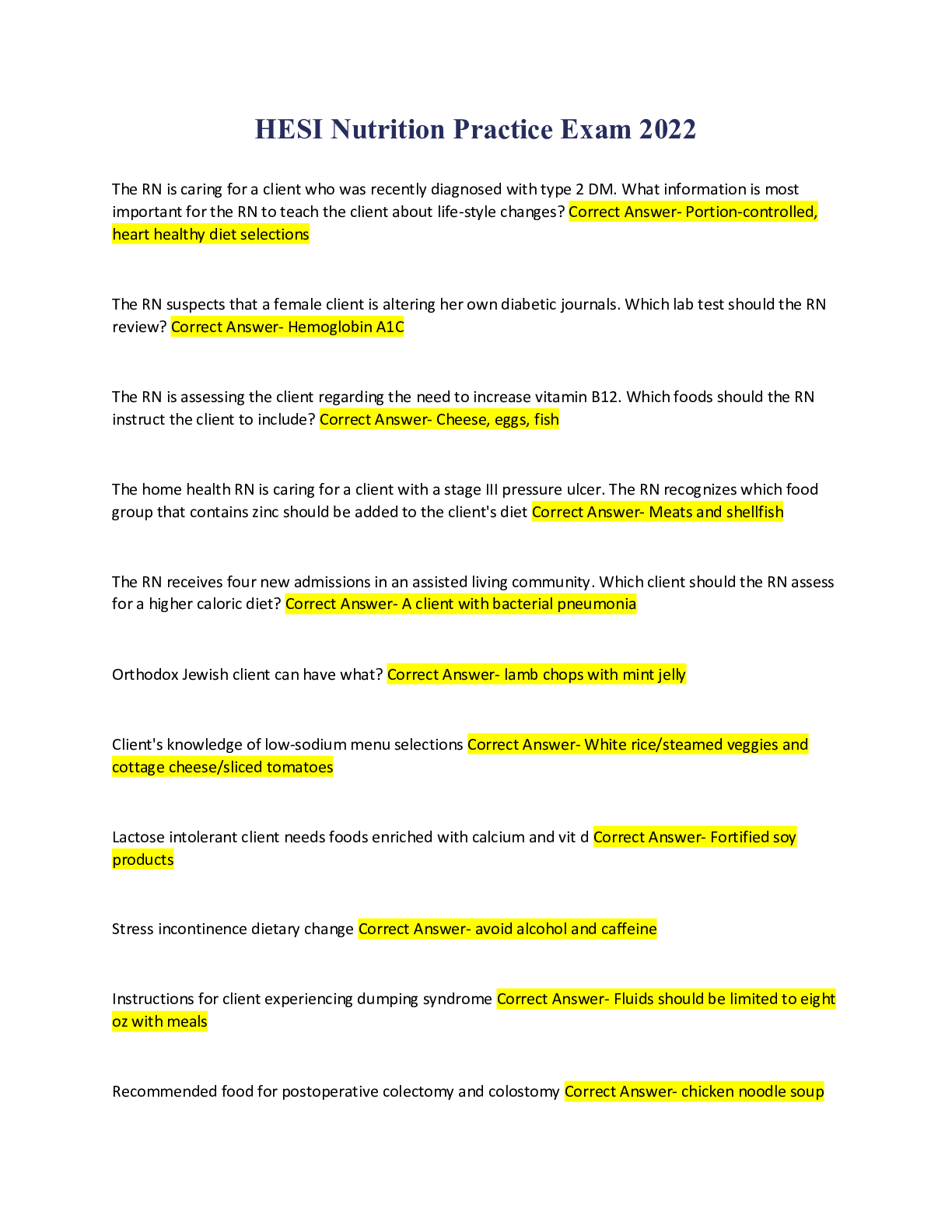 Preview of HESI Nutrition Practice Exam 2022